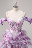 Violet Épaule Froide Une Ligne Imprimé Corset Robe Courte De Retrouvailles Avec Volants