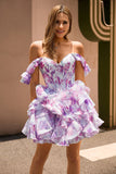 Violet Une ligne dénudée Corset imprimé Corset Robe De Cocktail avec volants