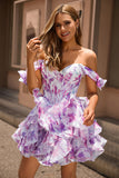 Violet Une ligne dénudée Corset imprimé Corset Robe De Cocktail avec volants