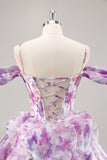 Violet Épaule Froide Une Ligne Imprimé Corset Robe Courte De Retrouvailles Avec Volants