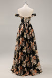 Robe de demoiselle d’honneur longue froncée florale noire scintillante avec perles