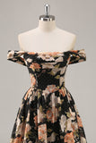 Robe de demoiselle d’honneur longue froncée florale noire scintillante avec perles