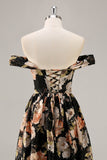 Robe de demoiselle d’honneur longue froncée florale noire scintillante avec perles