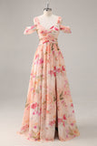 Robe de demoiselle d’honneur longue froncée florale rose avec fente