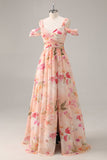 Robe de demoiselle d’honneur longue froncée florale rose avec fente