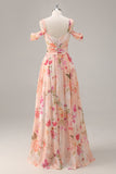 Robe de demoiselle d’honneur longue froncée florale rose avec fente