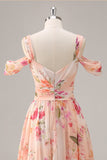 Robe de demoiselle d’honneur longue froncée florale rose avec fente