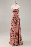 Dusty Rose Ruché Corset Floral Longue Robe de Demoiselle d’Honneur avec Fente