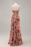 Dusty Rose Ruché Corset Floral Longue Robe de Demoiselle d’Honneur avec Fente
