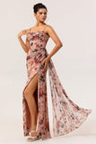 Dusty Rose gaine froncé floral Corset longue robe de demoiselle d’honneur avec banderole latérale