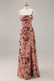 Dusty Rose Ruché Corset Floral Longue Robe de Demoiselle d’Honneur avec Fente