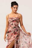 Dusty Rose gaine froncé floral Corset longue robe de demoiselle d’honneur avec banderole latérale