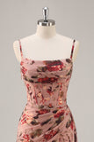Dusty Rose Ruché Corset Floral Longue Robe de Demoiselle d’Honneur avec Fente
