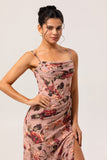 Dusty Rose gaine froncé floral Corset longue robe de demoiselle d’honneur avec banderole latérale
