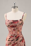 Dusty Rose Ruché Corset Floral Longue Robe de Demoiselle d’Honneur avec Fente