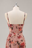 Dusty Rose Ruché Corset Floral Longue Robe de Demoiselle d’Honneur avec Fente
