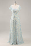 Robe de demoiselle d’honneur longue à volants en mousseline de soie fleurie bleue avec fente