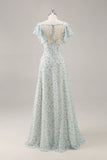 Robe de demoiselle d’honneur longue à volants en mousseline de soie fleurie bleue avec fente