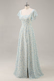 Robe de demoiselle d’honneur longue à volants en mousseline de soie fleurie bleue avec fente