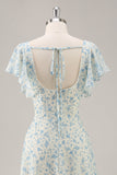 Robe de demoiselle d’honneur longue à volants en mousseline de soie fleurie bleue avec fente