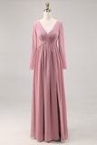 Simple Dusty Rose à manches longues col en V robe de demoiselle d’honneur avec fente