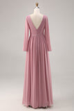 Simple Dusty Rose à manches longues col en V robe de demoiselle d’honneur avec fente