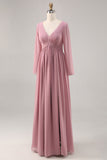 Simple Dusty Rose à manches longues col en V robe de demoiselle d’honneur avec fente