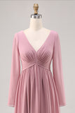 Simple Dusty Rose à manches longues col en V robe de demoiselle d’honneur avec fente