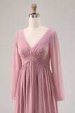 Simple Dusty Rose à manches longues col en V robe de demoiselle d’honneur avec fente