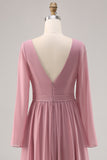 Simple Dusty Rose à manches longues col en V robe de demoiselle d’honneur avec fente