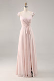 Candy Pink Cap Manches Ruché Longue Robe de demoiselle d’honneur avec ceinture