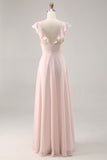 Candy Pink Cap Manches Ruché Longue Robe de demoiselle d’honneur avec ceinture