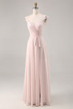 Candy Pink Cap Manches Ruché Longue Robe de demoiselle d’honneur avec ceinture