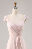 Candy Pink Cap Manches Ruché Longue Robe de demoiselle d’honneur avec ceinture