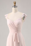 Candy Pink Cap Manches Ruché Longue Robe de demoiselle d’honneur avec ceinture