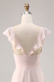 Candy Pink Cap Manches Ruché Longue Robe de demoiselle d’honneur avec ceinture