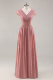 Dusty Rose Col V Ruché Mousseline de Soie Longue Robe de Demoiselle D’honneur Avec Drapé