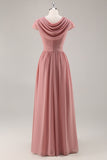 Dusty Rose Col V Ruché Mousseline de Soie Longue Robe de Demoiselle D’honneur Avec Drapé