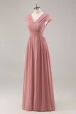 Dusty Rose Col V Ruché Mousseline de Soie Longue Robe de Demoiselle D’honneur Avec Drapé