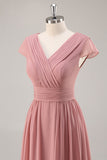 Dusty Rose Col V Ruché Mousseline de Soie Longue Robe de Demoiselle D’honneur Avec Drapé