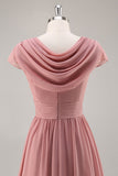 Dusty Rose Col V Ruché Mousseline de Soie Longue Robe de Demoiselle D’honneur Avec Drapé