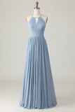 Dusty Blue Halter Chiffon Ruched Longue robe de demoiselle d’honneur avec trous de serrure