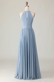 Dusty Blue Halter Chiffon Ruched Longue robe de demoiselle d’honneur avec trous de serrure
