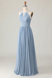 Dusty Blue Halter Chiffon Ruched Longue robe de demoiselle d’honneur avec trous de serrure