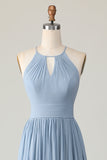 Dusty Blue Halter Chiffon Ruched Longue robe de demoiselle d’honneur avec trous de serrure