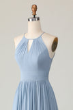 Dusty Blue Halter Chiffon Ruched Longue robe de demoiselle d’honneur avec trous de serrure