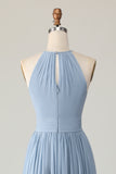 Dusty Blue Halter Chiffon Ruched Longue robe de demoiselle d’honneur avec trous de serrure