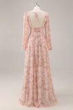 Robe de demoiselle d’honneur en mousseline de soie à manches longues à col en V floral rose avec fente