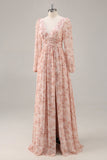 Robe de demoiselle d’honneur en mousseline de soie à manches longues à col en V floral rose avec fente