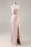 Candy rose satin sirène froncé longue robe de demoiselle d’honneur avec fente